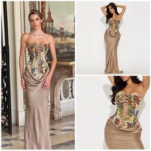 Fashion Nova Strapless Floral Corset Dress - Multicolor and Tan
